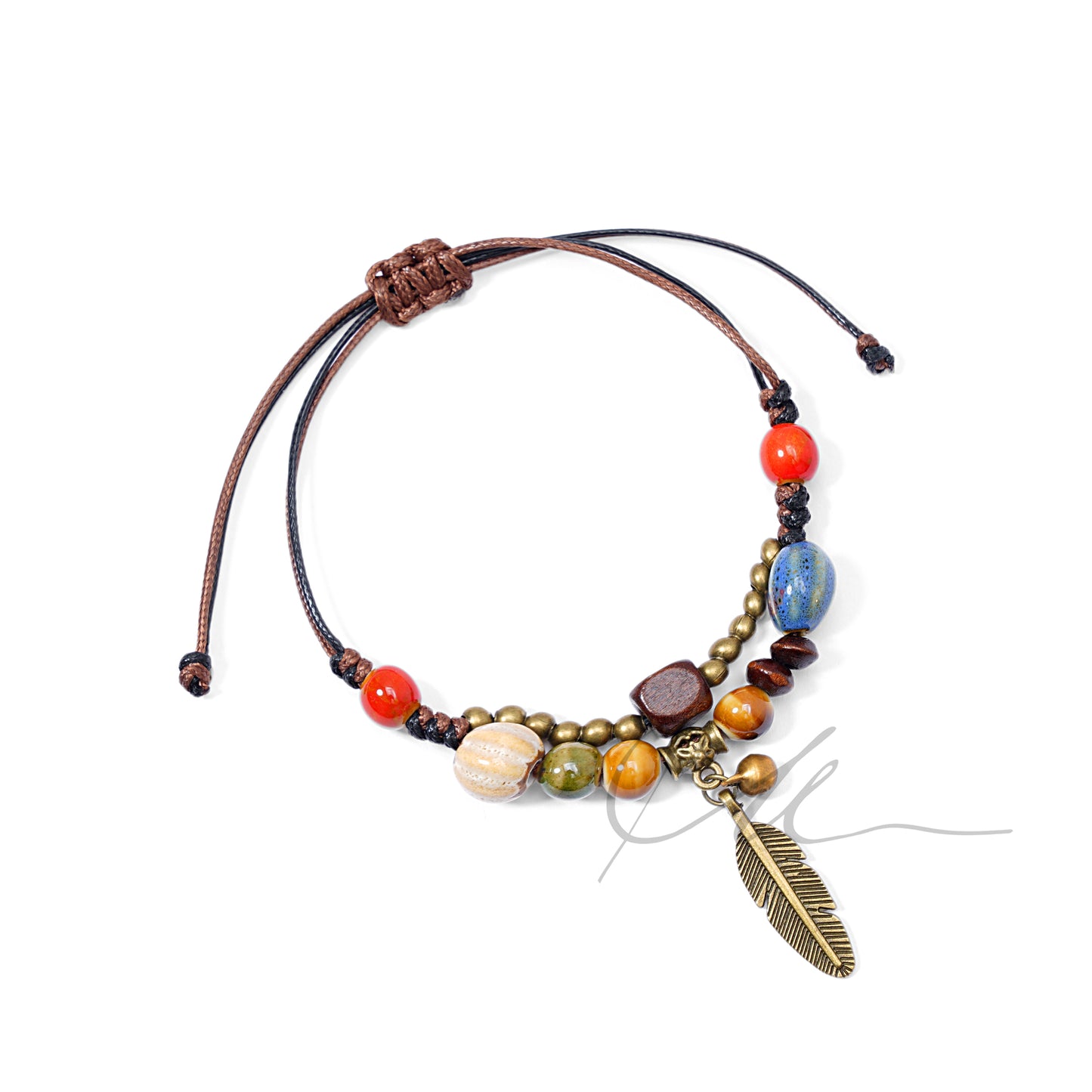 Aurelia | Double-Layer Ceramic, Wood & Alloy Bracelet β Feathers over Autumn Waters