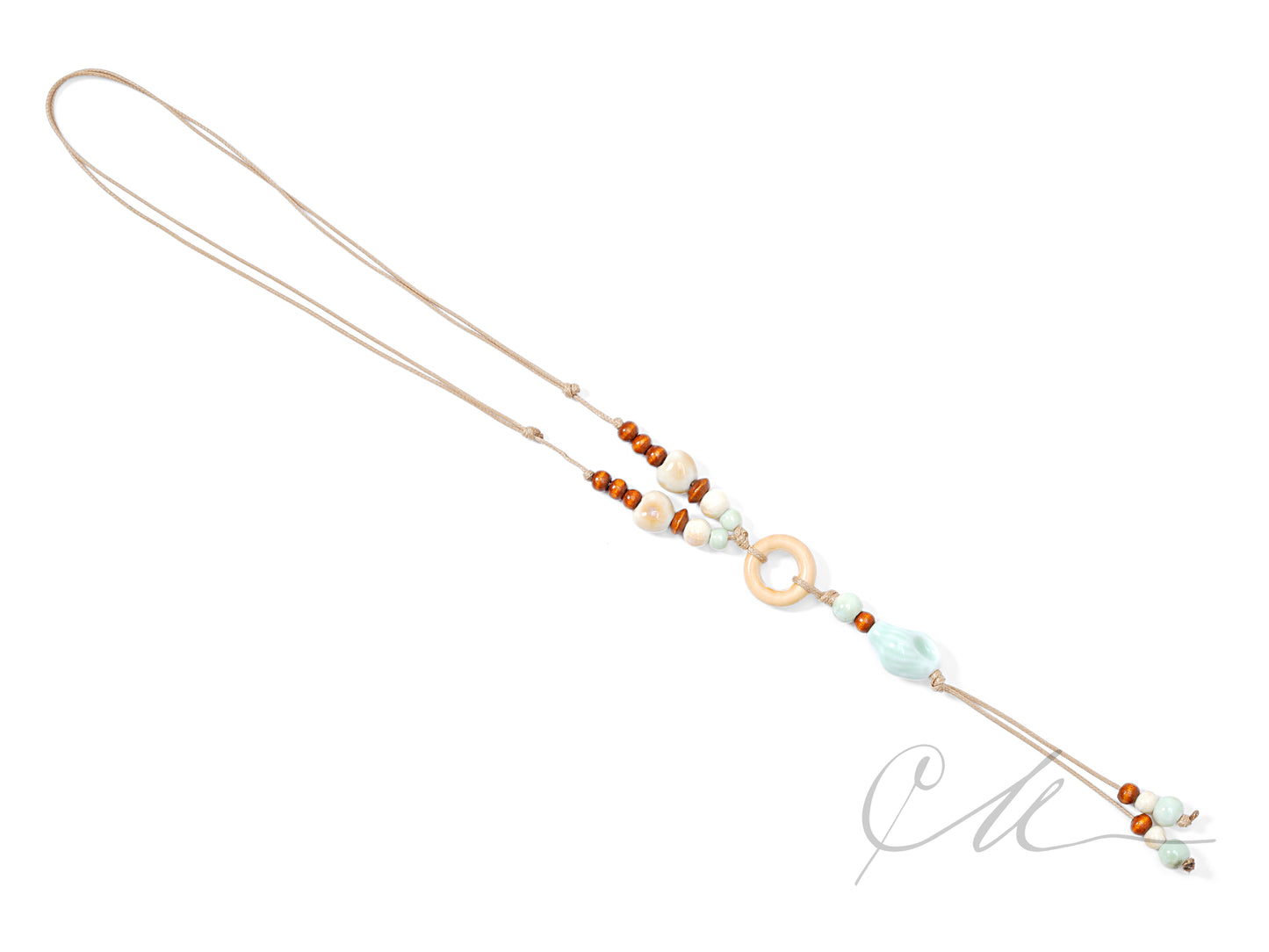 Selna | Handmade Cream & Blue Conch Pendant Necklace β Beige Cord