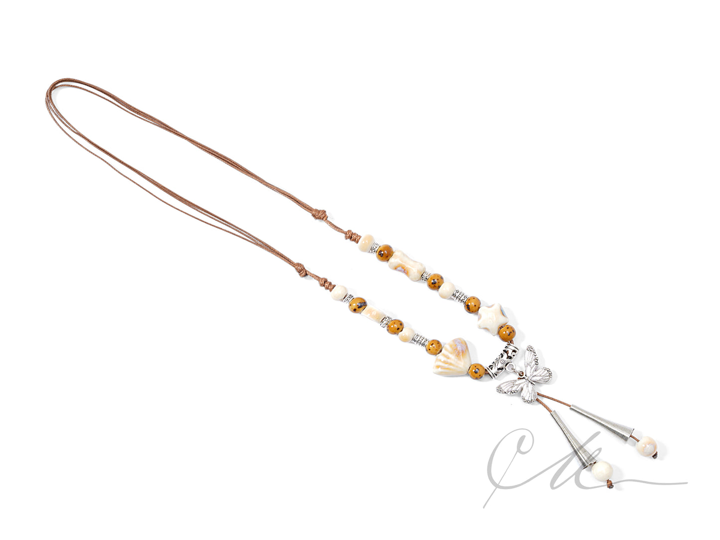 Liora | Handmade Butterfly & Ceramic Bead Necklace – Amber Tones