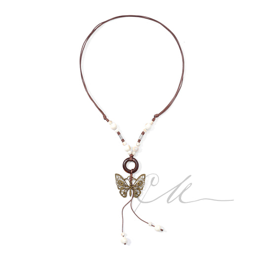 Aurela | Handmade Ceramic & Butterfly Pendant Necklace – Earth Tones