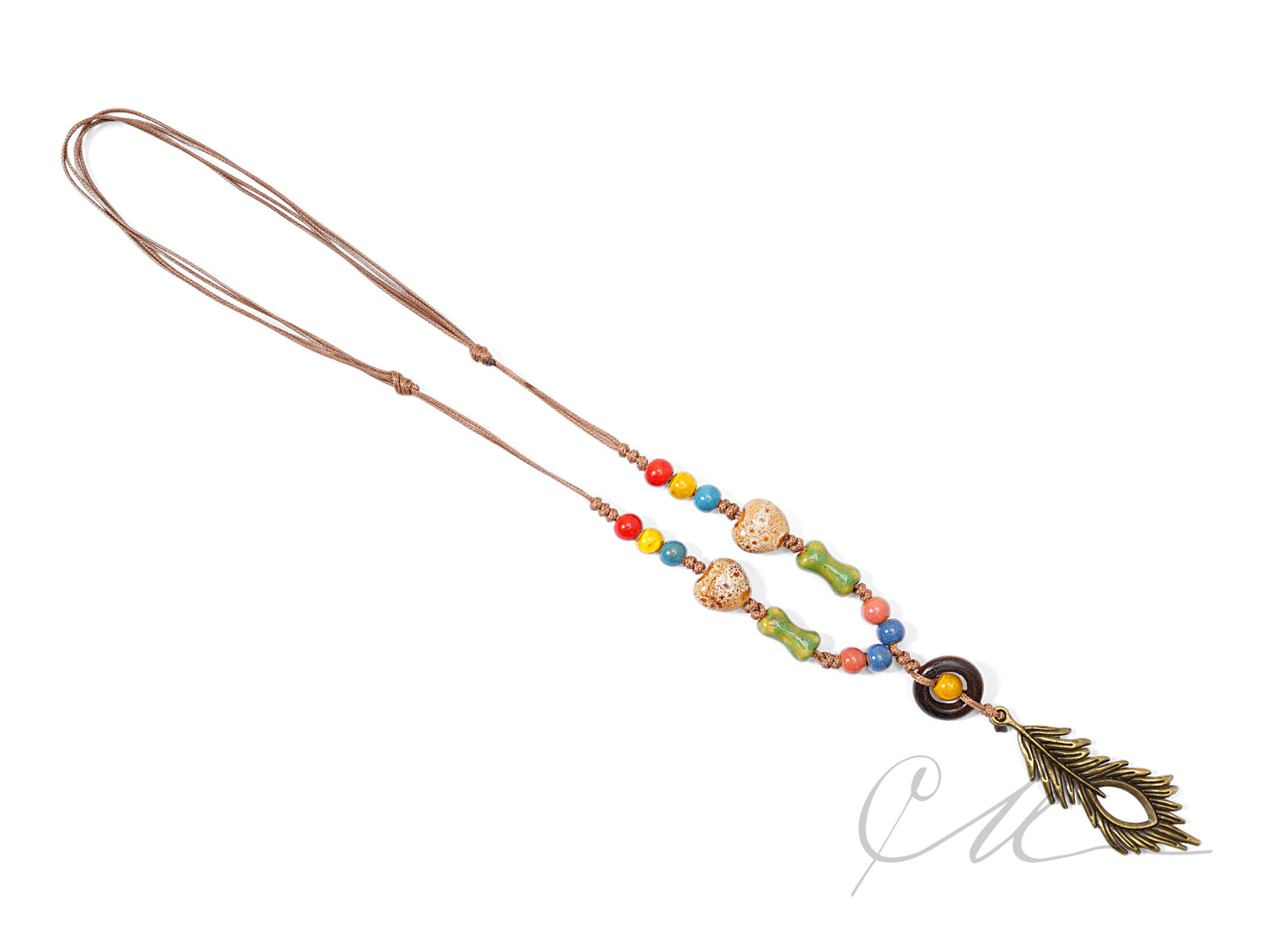 Solari | Boho Ceramic Necklace with Peacock Feather Charm