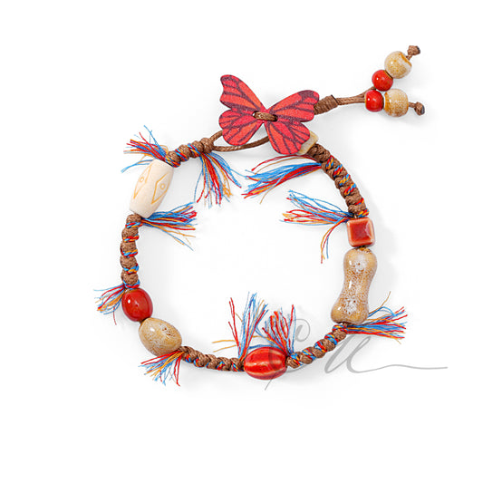 Butterfly Whispers – Ceramic Bead Handwoven Bracelet with Wooden Butterfly Charm