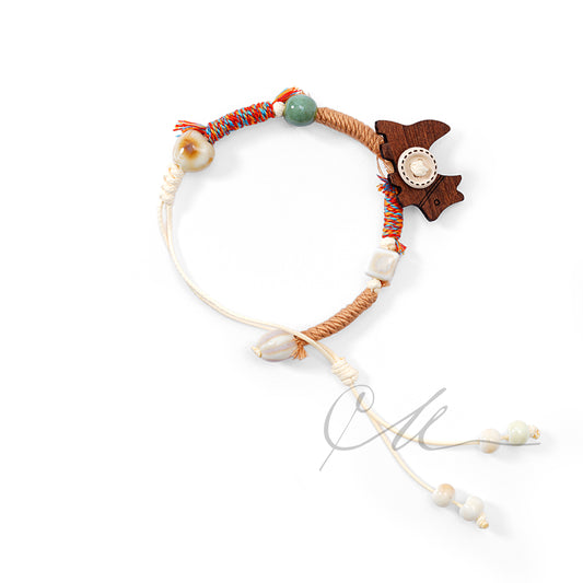Little Paw – Wooden Cartoon Dog Handwoven Bracelet｜Adjustable Cord with Ceramic Beads