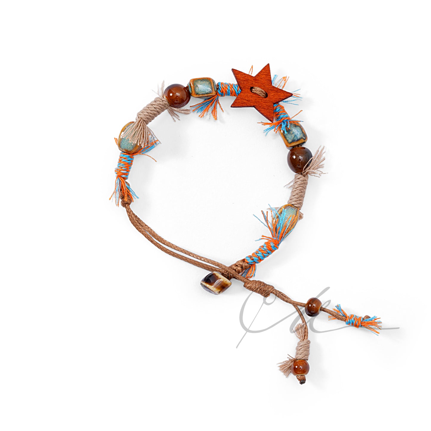 Handmade Ceramic Bracelet with Wooden Star Charm - Bohemian Ethnic Braided Rope with Tibetan Tassels