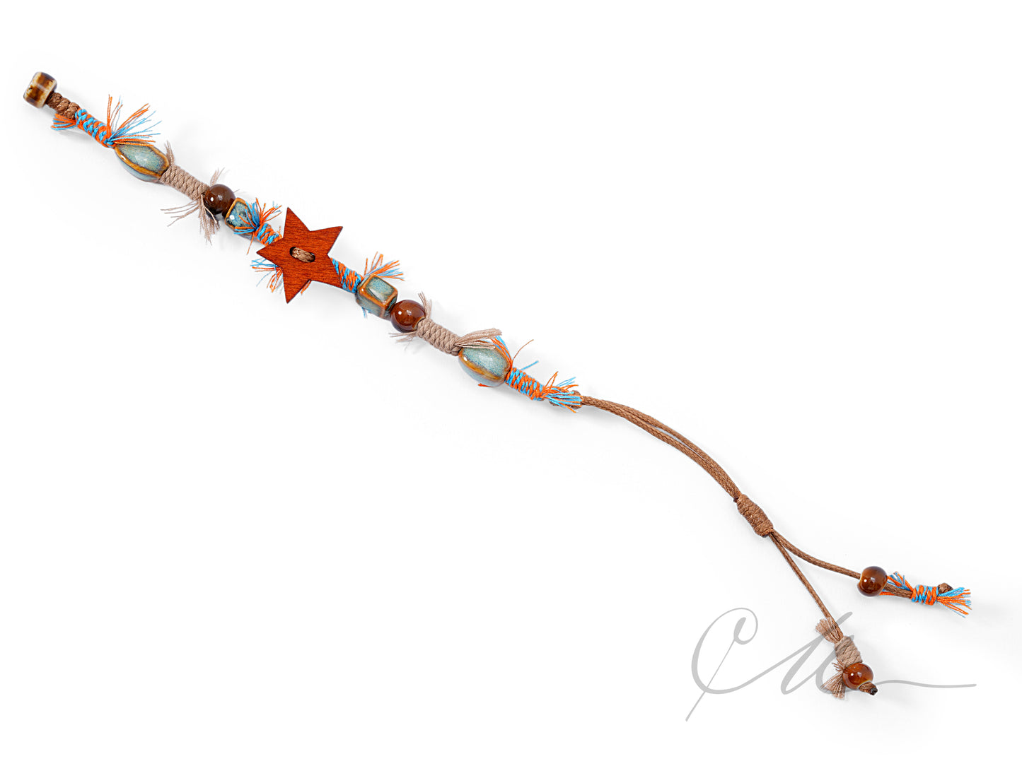 Handmade Ceramic Bracelet with Wooden Star Charm - Bohemian Ethnic Braided Rope with Tibetan Tassels