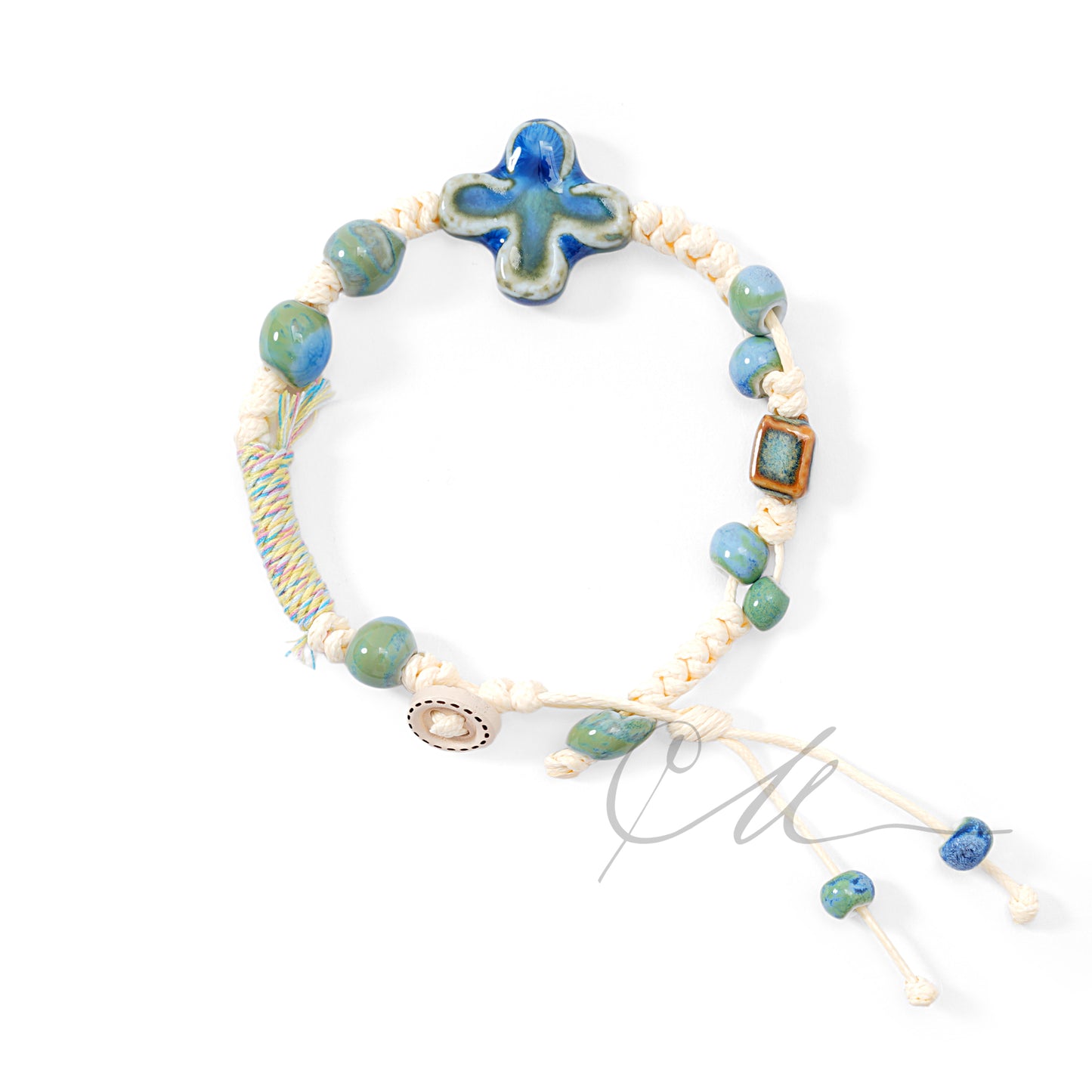 Aomi | Handmade Tibetan Ceramic Cord Bracelet – Blue Green Four-Leaf Clover