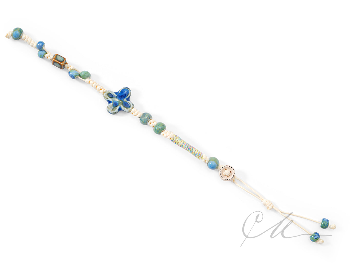 Aomi | Handmade Tibetan Ceramic Cord Bracelet – Blue Green Four-Leaf Clover