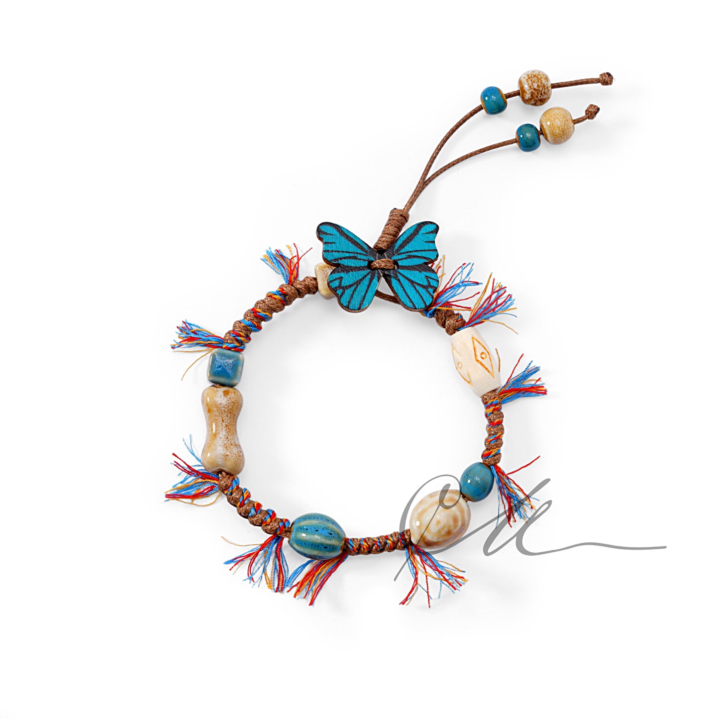 Butterfly Whispers – Ceramic Bead Handwoven Bracelet with Wooden Butterfly Charm