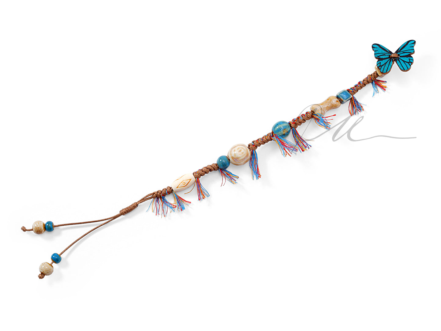 Butterfly Whispers – Ceramic Bead Handwoven Bracelet with Wooden Butterfly Charm