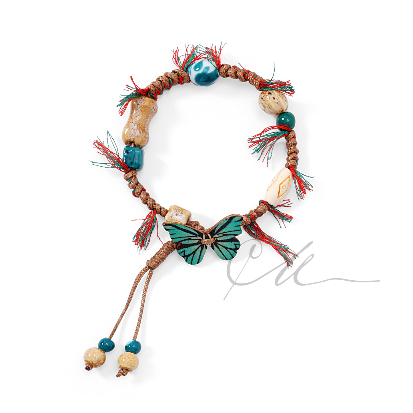 Butterfly Whispers – Ceramic Bead Handwoven Bracelet with Wooden Butterfly Charm
