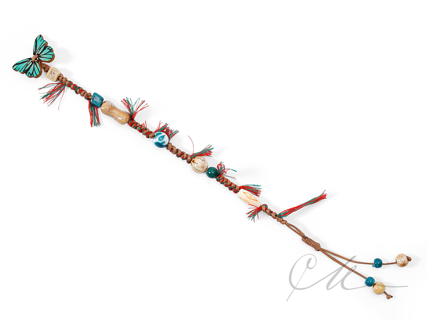 Butterfly Whispers – Ceramic Bead Handwoven Bracelet with Wooden Butterfly Charm