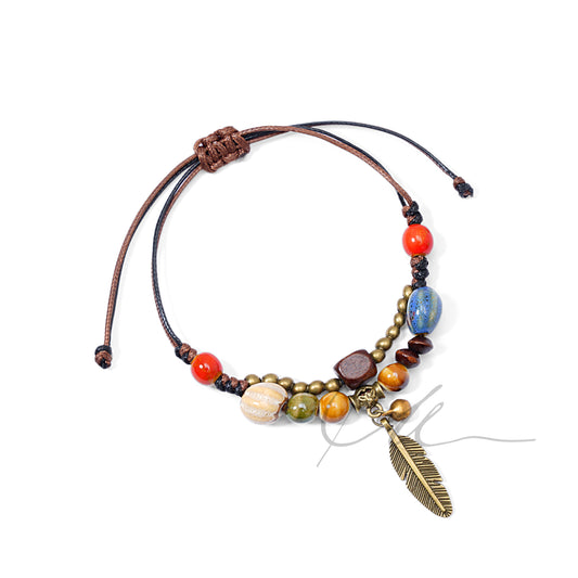 Aurelia | Double-Layer Ceramic, Wood & Alloy Bracelet – Feathers over Autumn Waters