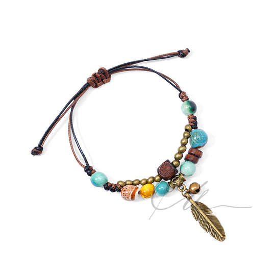 Aurelia | Double-Layer Ceramic, Wood & Alloy Bracelet – Feathers over Autumn Waters