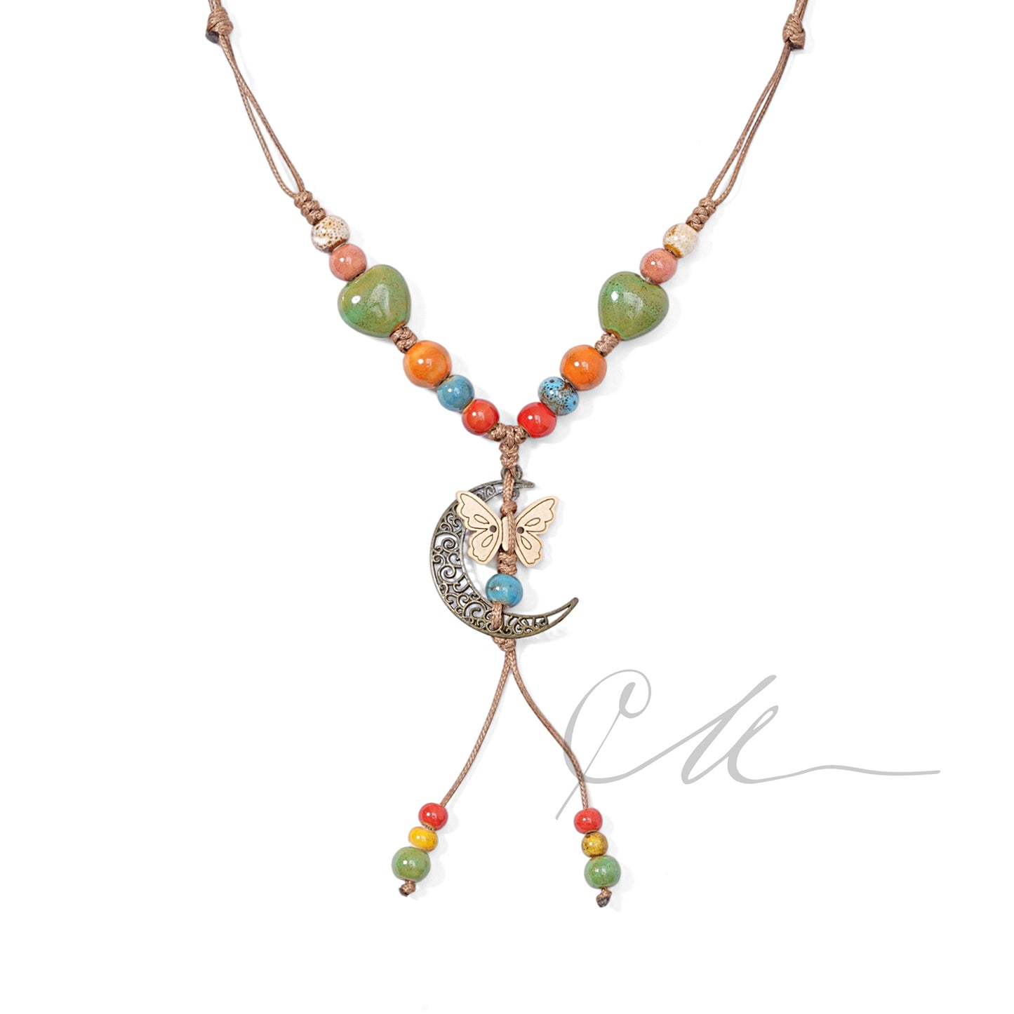 Selune | Handmade Ceramic & Wood Necklace – Butterfly in the Moon