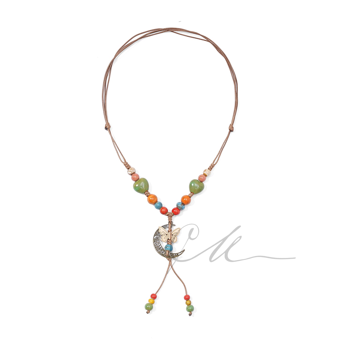 Selune | Handmade Ceramic & Wood Necklace – Butterfly in the Moon