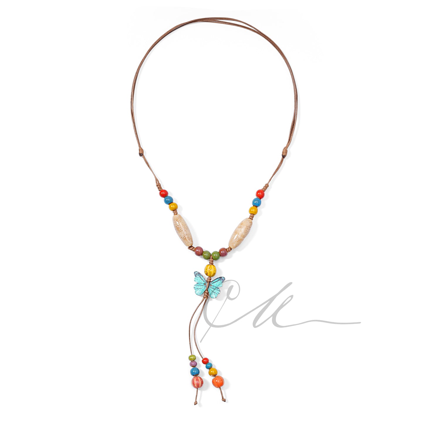 Niva | Handmade Ceramic Bead Necklace – Blue Butterfly & Colorful Whimsy
