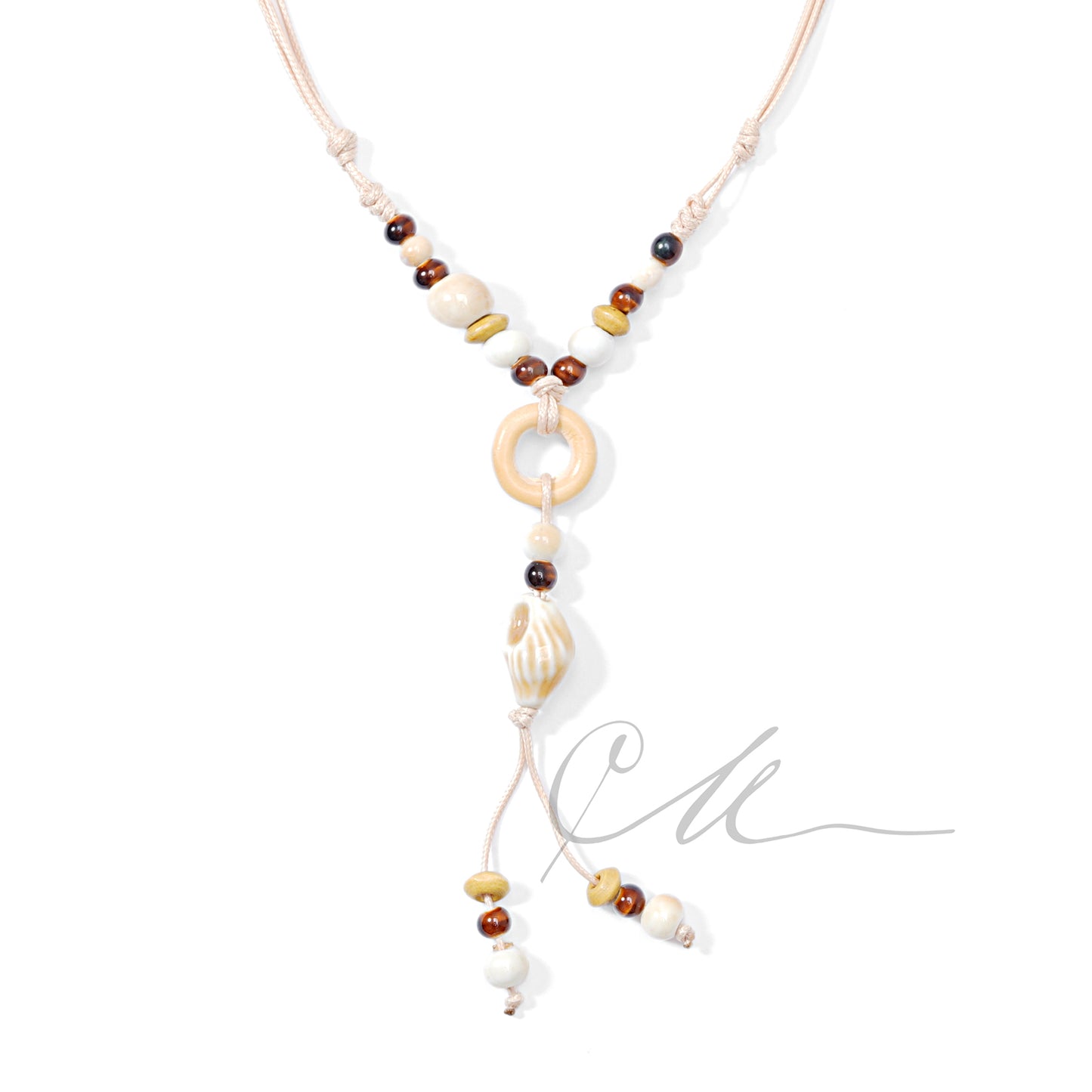 Selna | Handmade Cream & Blue Conch Pendant Necklace – Beige Cord