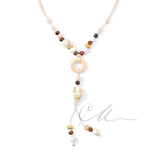 Selna | Handmade Cream & Blue Conch Pendant Necklace – Beige Cord
