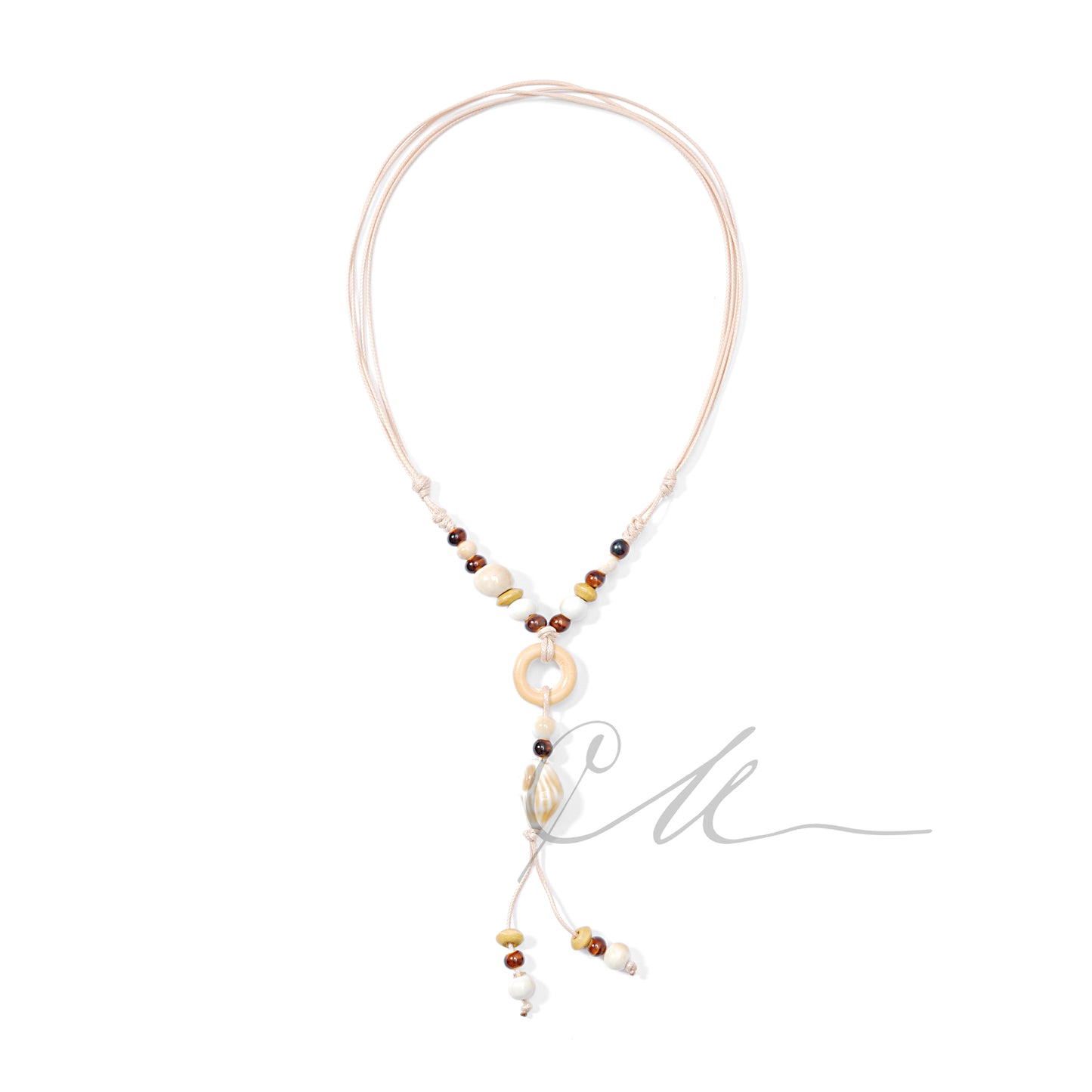 Selna | Handmade Cream & Blue Conch Pendant Necklace – Beige Cord