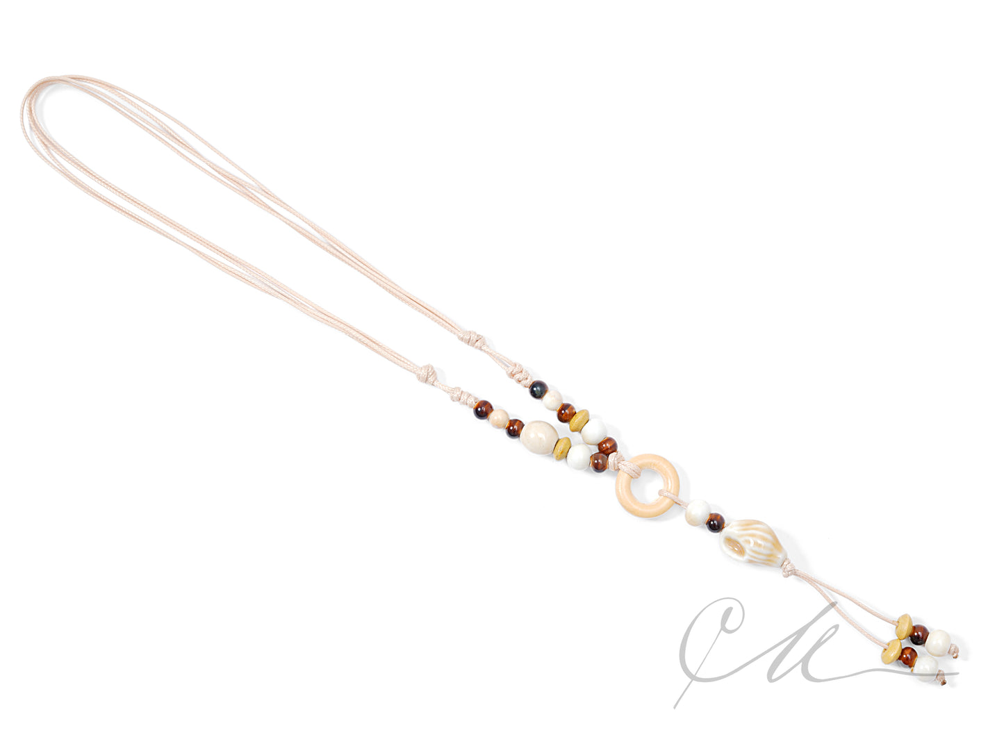 Selna | Handmade Cream & Blue Conch Pendant Necklace – Beige Cord