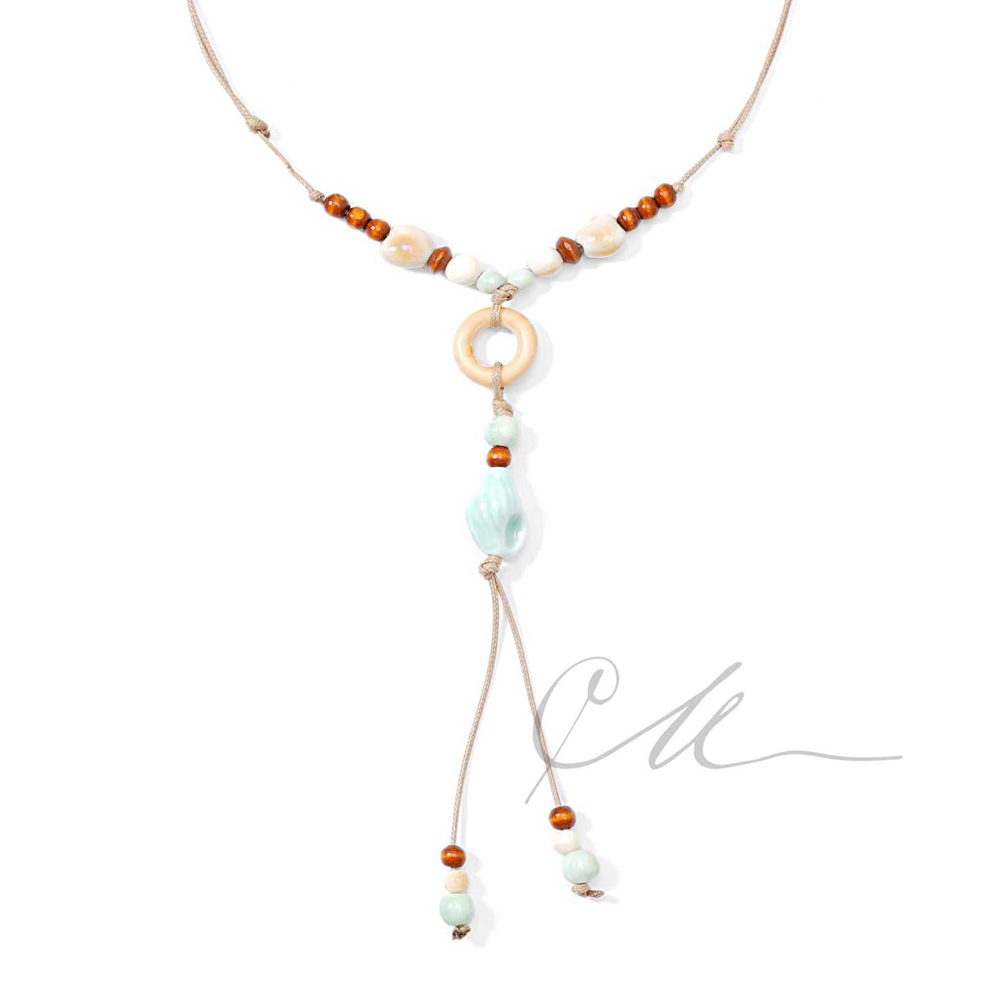 Selna | Handmade Cream & Blue Conch Pendant Necklace – Beige Cord