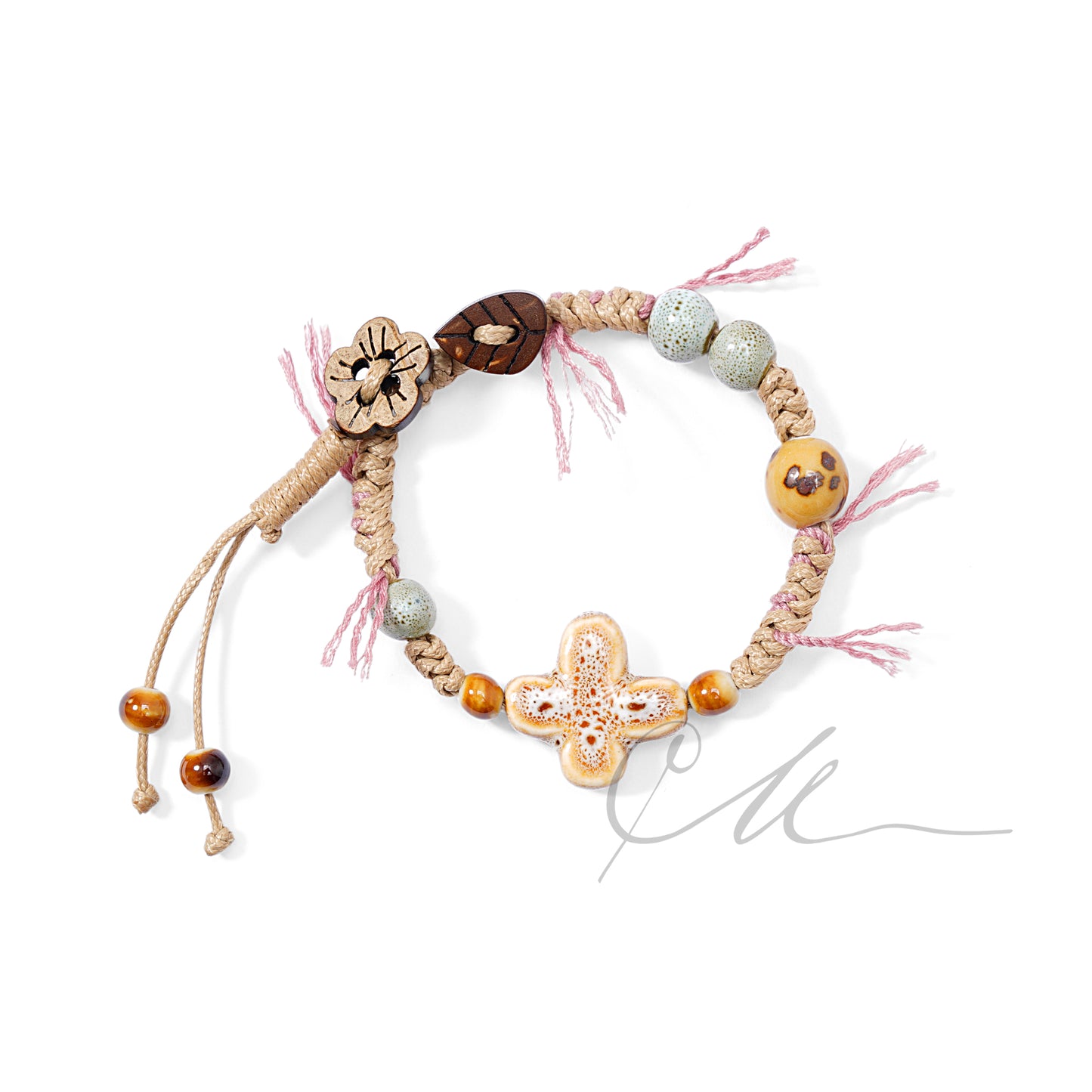 Mykae | Handmade Ceramic & Wood Bead Bracelet – Tibetan Knot Cord