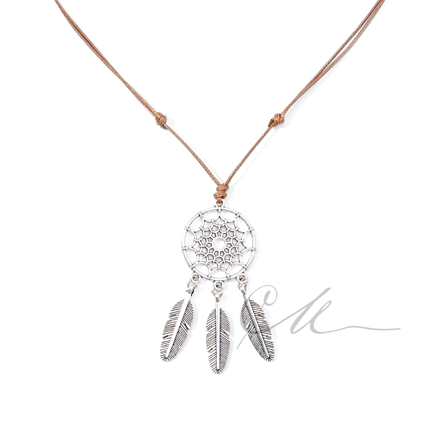 Sahna | Handmade Dreamcatcher Necklace with Silver Feathers – Adjustable Wax Cord