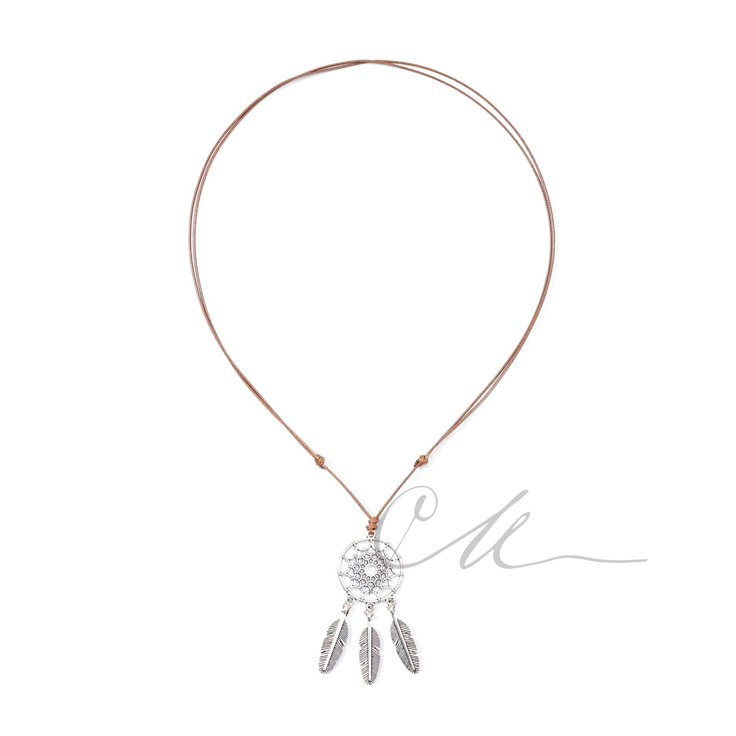 Sahna | Handmade Dreamcatcher Necklace with Silver Feathers – Adjustable Wax Cord