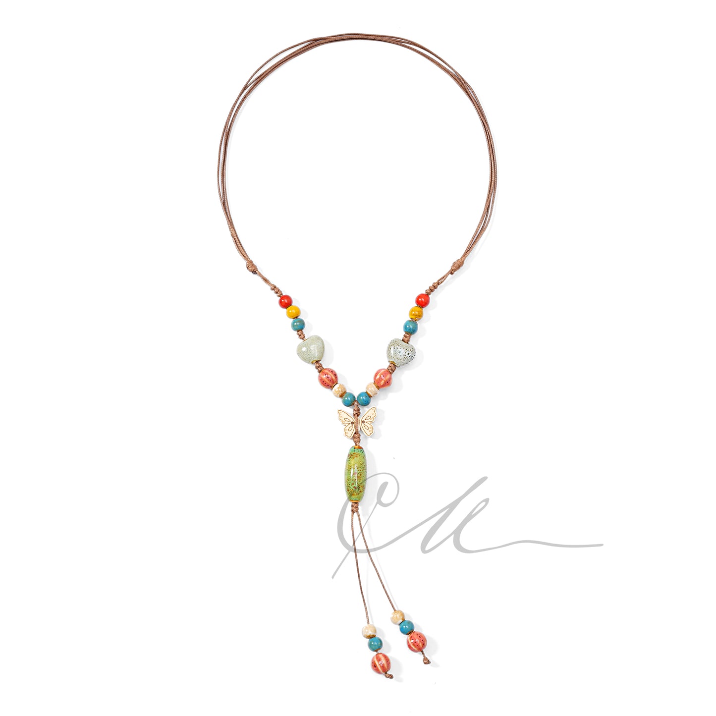Keriya | Handmade Multicolor Ceramic Bead Necklace with Wooden Butterfly – Adjustable Cord
