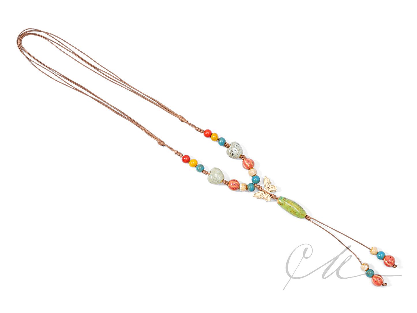 Keriya | Handmade Multicolor Ceramic Bead Necklace with Wooden Butterfly – Adjustable Cord