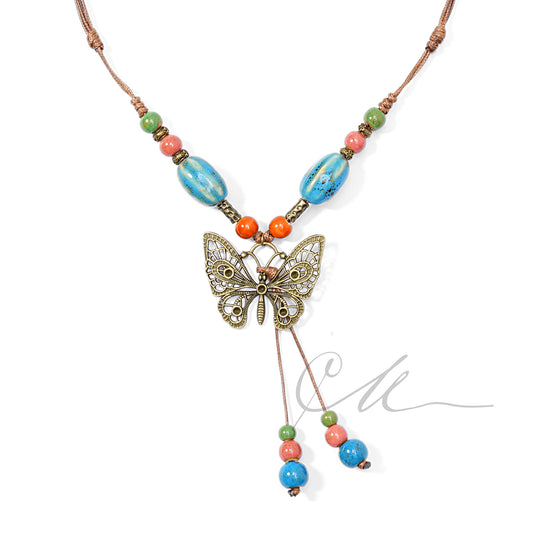Papilio | Handmade Butterfly Pendant Necklace with Ceramic Beads – Adjustable Brown Cord