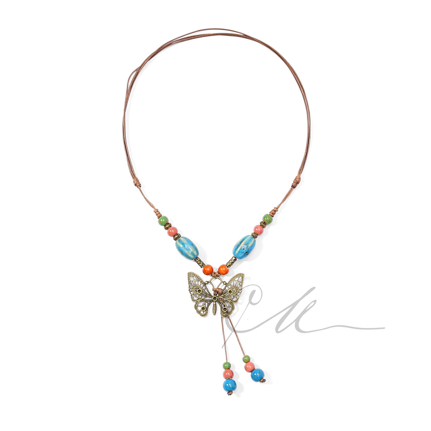 Papilio | Handmade Butterfly Pendant Necklace with Ceramic Beads – Adjustable Brown Cord