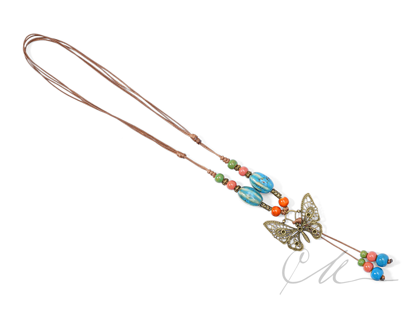 Papilio | Handmade Butterfly Pendant Necklace with Ceramic Beads – Adjustable Brown Cord