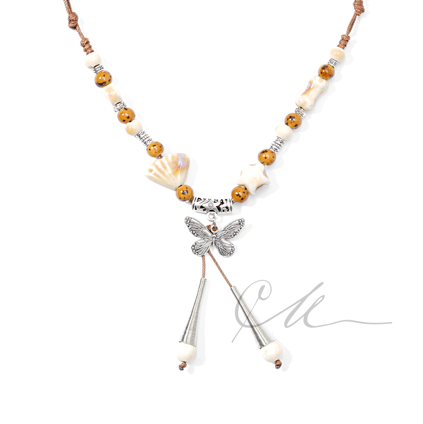 Liora | Handmade Butterfly & Ceramic Bead Necklace – Amber Tones