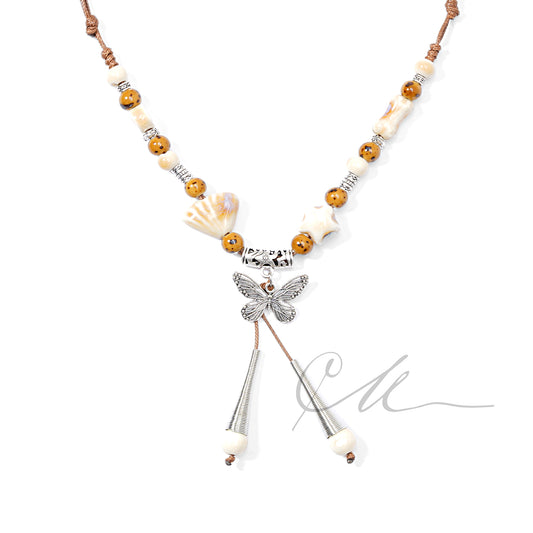 Liora | Handmade Butterfly & Ceramic Bead Necklace – Amber Tones