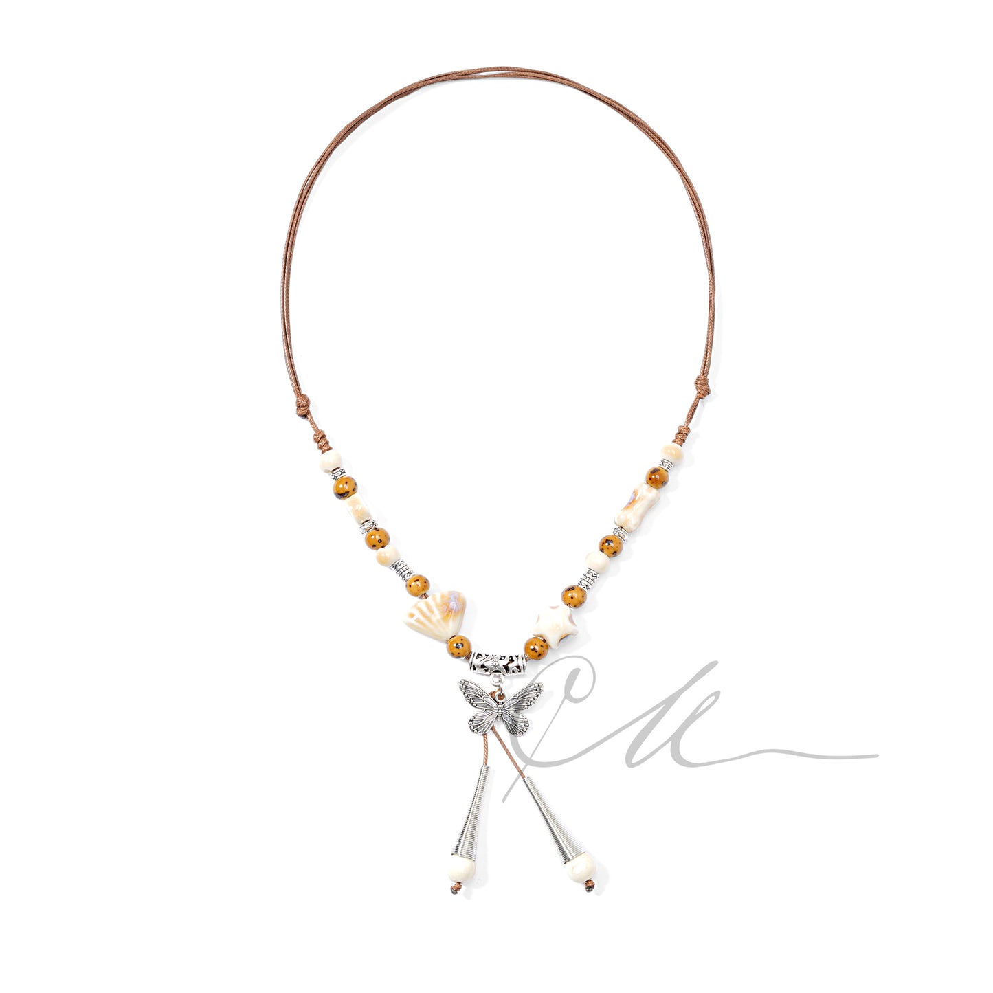 Liora | Handmade Butterfly & Ceramic Bead Necklace – Amber Tones