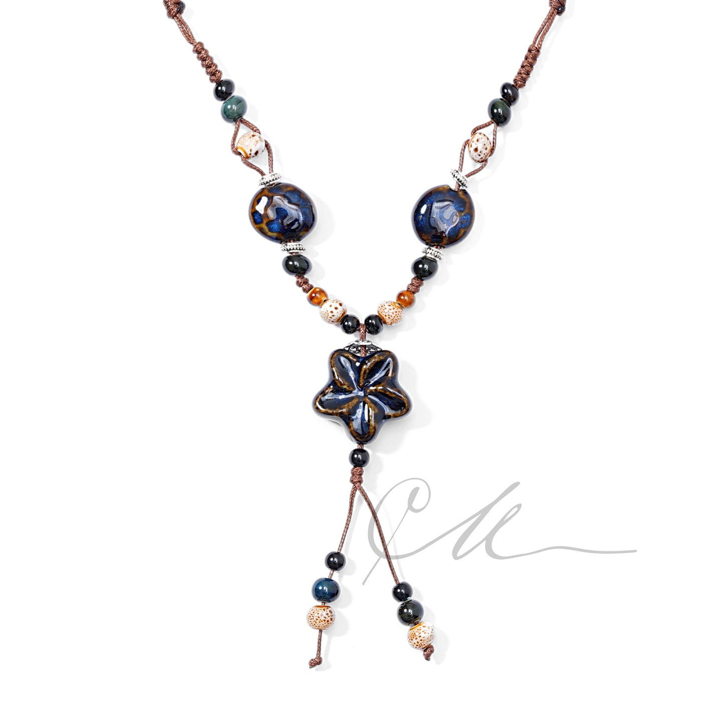 Nalaya | Handmade Indigo Bloom Ceramic Necklace – Dual Cord
