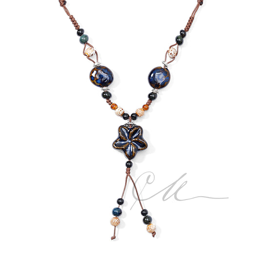 Nalaya | Handmade Indigo Bloom Ceramic Necklace – Dual Cord