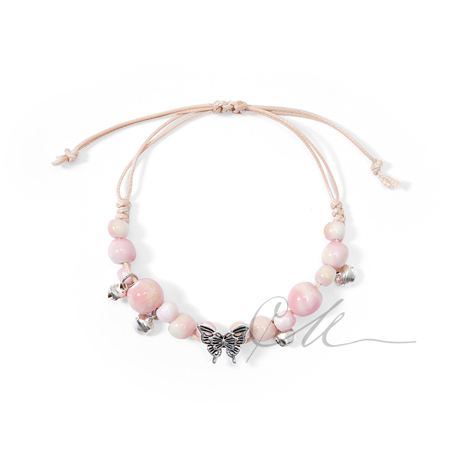 Serica | Handmade Pink Ceramic Butterfly Charm Bracelet – Soft Cotton Cord