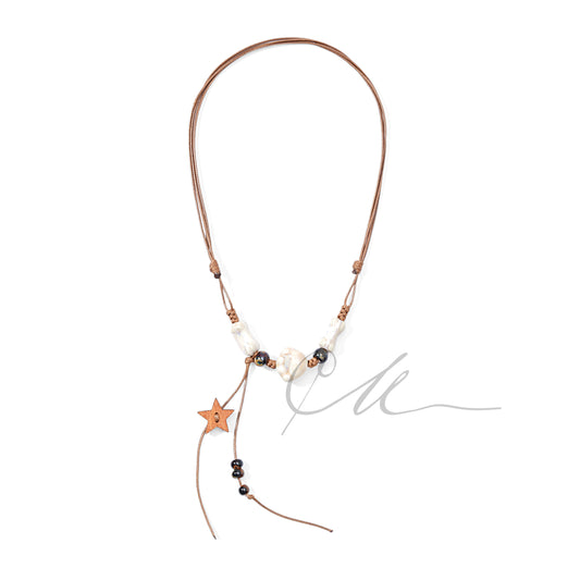 Saren | Handmade Star & Ceramic Pendant Necklace – Beige Cord