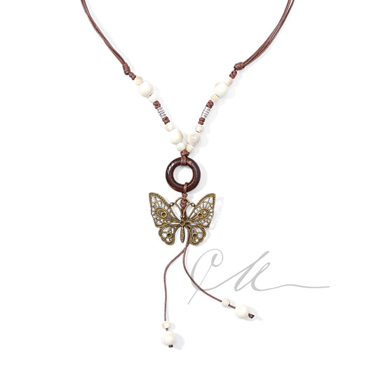 Aurela | Handmade Ceramic &amp; Butterfly Pendant Necklace – Earth Tones
