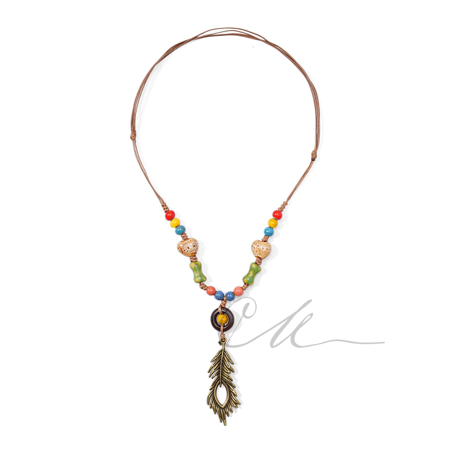 Solari | Boho Ceramic Necklace with Peacock Feather Charm